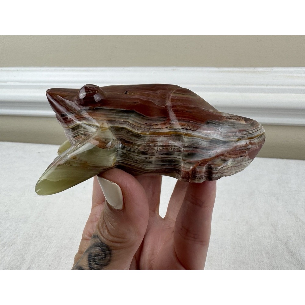 Vintage Hand Carved Banded Onyx Stone Frog Figurine Paperweight 5" Office Decor - Picture 10 of 11